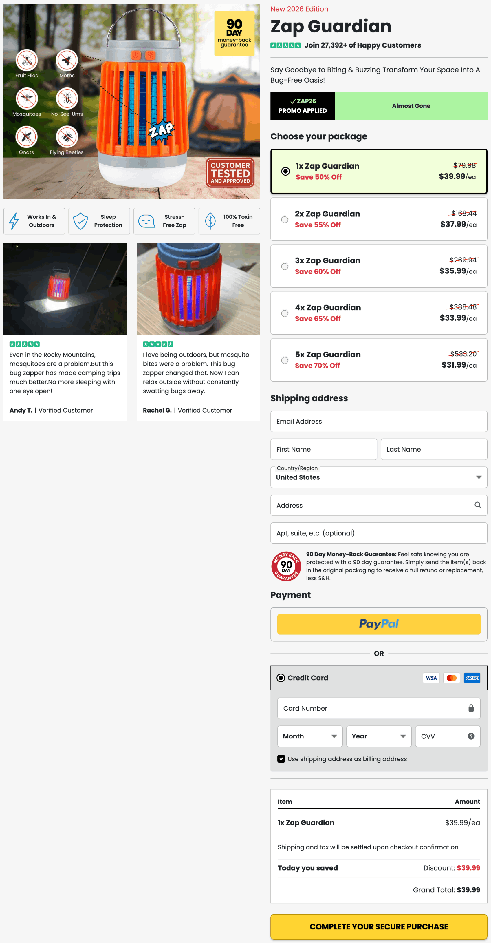 ZapShield Bug Zapper 100% Secure Checkout page